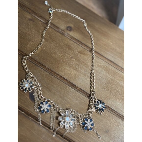 Gold Floral Statement fringe Necklace With Blue & Clear Gem Accents Dangle Chai - Picture 2 of 12